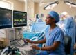 Focused anesthesiologist in blue scrubs monitoring patient vital signs in an operating room