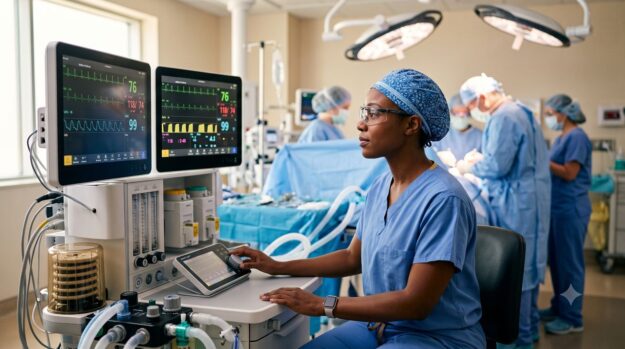 Focused anesthesiologist in blue scrubs monitoring patient vital signs in an operating room