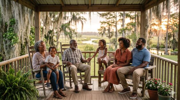 Three generations of a family together on a raised coastal Louisiana home porch at sunset