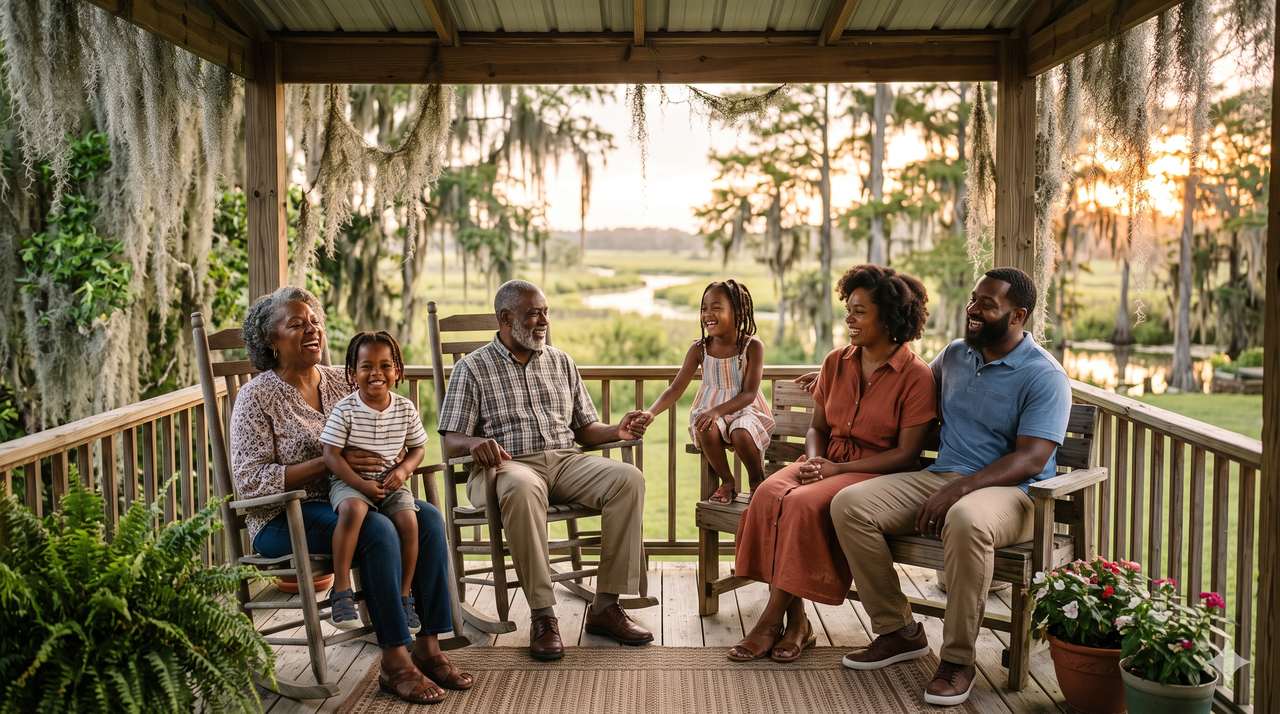 Three generations of a family together on a raised coastal Louisiana home porch at sunset