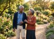 Dignified elderly couple walking arm in arm through a sunlit garden, a sense of security and care