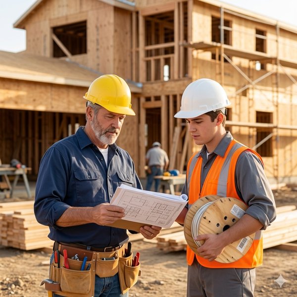 skilled-trades-disability Skilled trades business owner — master electrician reviewing plans with his crew at a construction site
