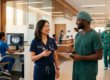 A confident female physician in scrubs and stethoscope talks with a colleague in a modern hospital corridor while other medical specialists work in the background