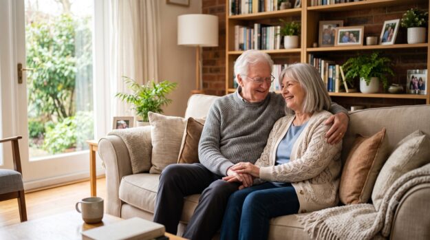 Happy older couple relaxing together at home